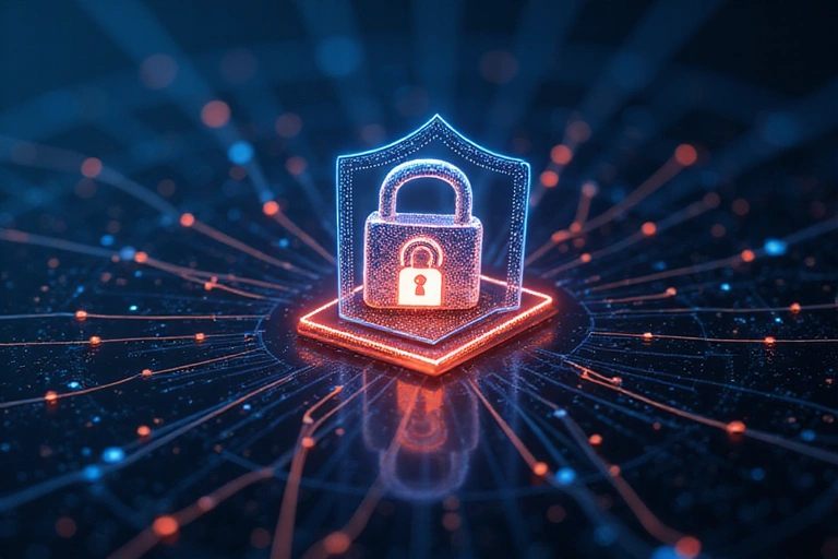 Lucchetto digitale con scudo e dati protetti su uno sfondo tecnologico