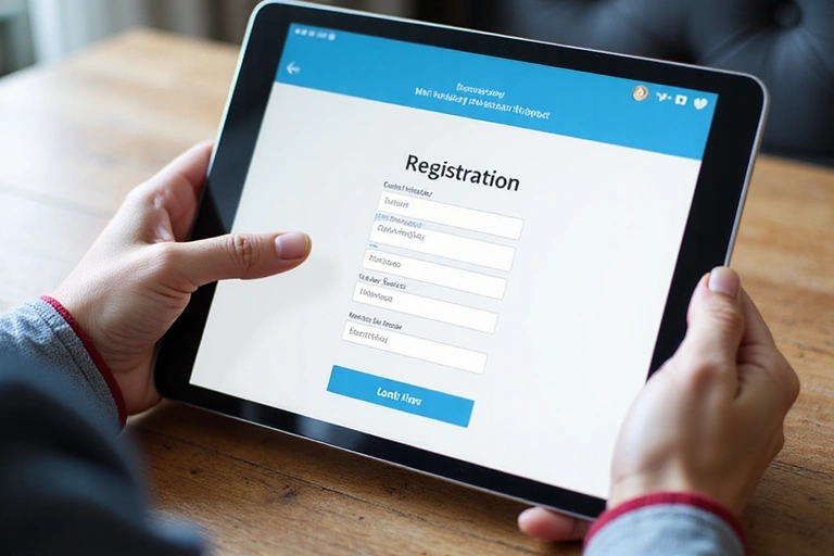 Persona che si registra a un servizio online, mostrando un tablet con un modulo di registrazione